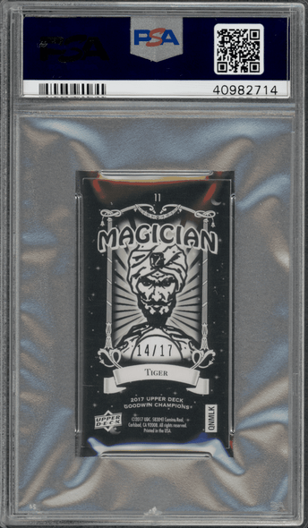 2017 Upper Deck Goodwin Champions Tiger #14/17 #11 Black Metal Magician Minis PSA 7 back of card