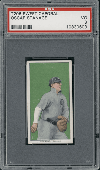1910 T206 Oscar Stanage Sweet Caporal 350 PSA 3 front of card