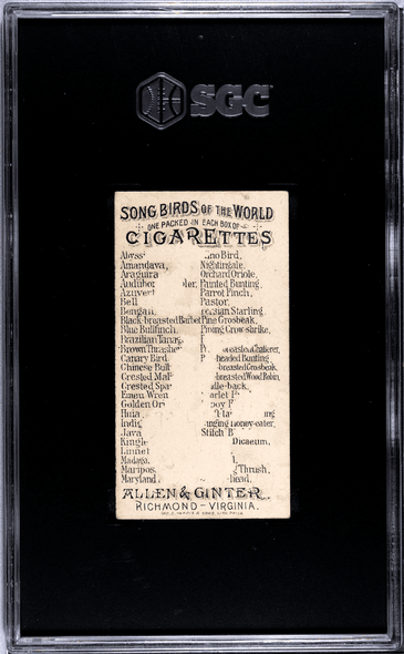 1890 N23 Allen & Ginter Mariposa Song Birds of the World SGC 1 back of card