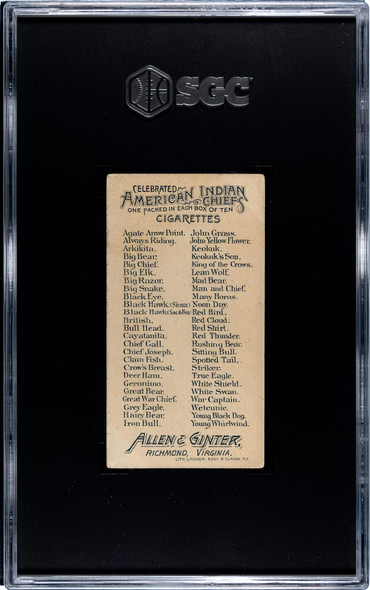 1888 N2 Allen & Ginter War Captain American Indian Chiefs SGC 4 back of card