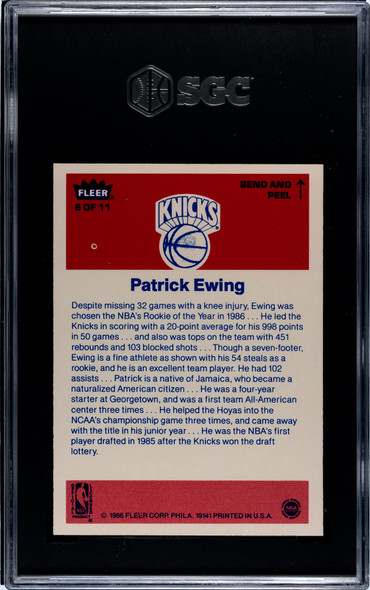 1986 Fleer Patrick Ewing #6 SGC Authentic back of card