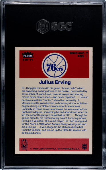 1986 Fleer Julius Erving #5 SGC Authentic back of card