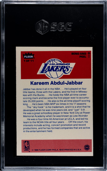 1986 Fleer Kareem Abdul-Jabbar #1 SGC Authentic back of card