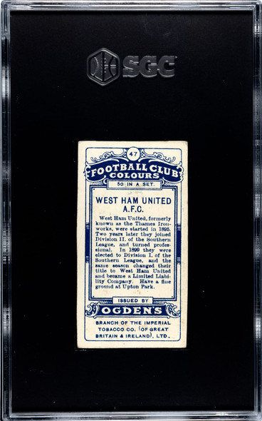 1906 Ogden's Football (Soccer) Club Colours West Ham United AFC #47 Football Club Colours SGC Authentic back of card