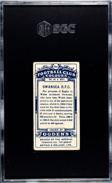1906 Ogden's Football (Soccer) Club Colours Swansea RFC #28 Football Club Colours SGC 2.5 back of card