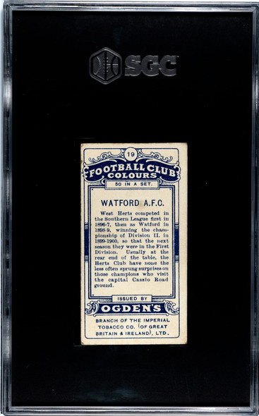 1906 Ogden's Football (Soccer) Club Colours Watford AFC #19 Football Club Colours SGC 4.5 back of card