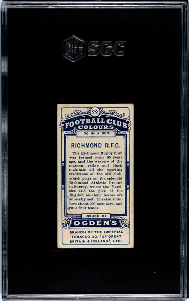 1906 Ogden's Football (Rugby) Club Colours Richmond RFC #22 Football Club Colours SGC 5 back of card