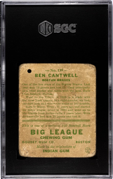 1933 Goudey Big League Chewing Gum Ben Cantwell #139 SGC 1 back of card