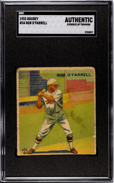 1933 Goudey Big League Chewing Gum Bob O'Farrell #34 SGC A front of card