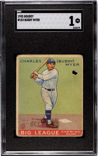 1933 Goudey Big League Chewing Gum Buddy Myer #153 SGC 1 front of card