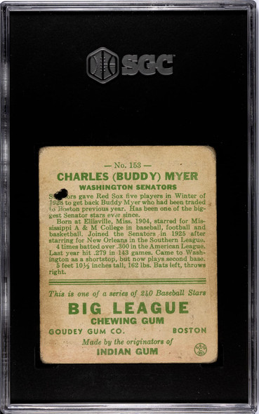 1933 Goudey Big League Chewing Gum Buddy Myer #153 SGC 1 back of card