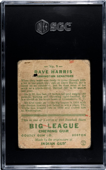 1933 Goudey Big League Chewing Gum Dave Harris #9 SGC 1 back of card