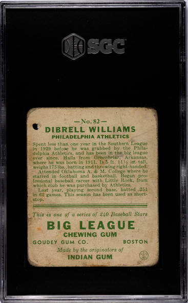 1933 Goudey Big League Chewing Gum Dibrell Williams #82 SGC 1 back of card