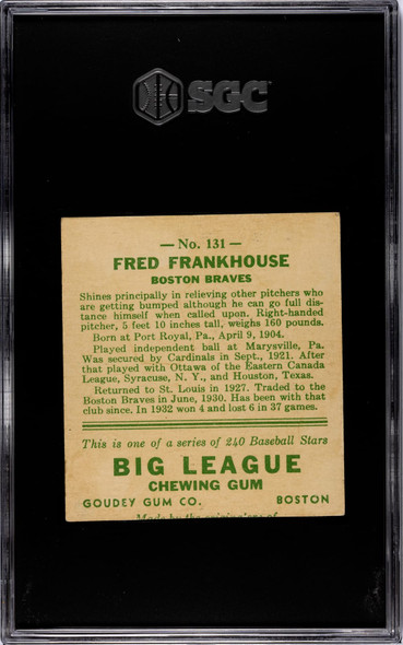 1933 Goudey Big League Chewing Gum Fred Frankhouse #131 SGC A back of card