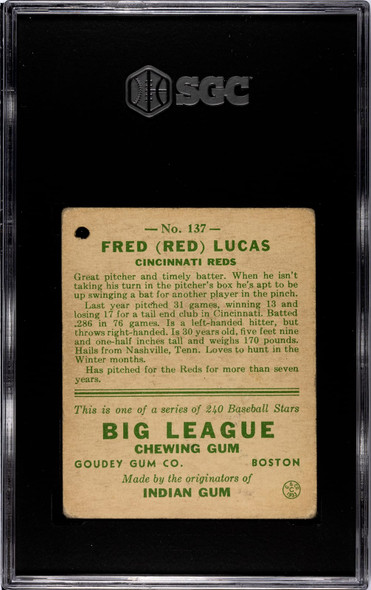 1933 Goudey Big League Chewing Gum Fred Red #137 SGC 1 back of card
