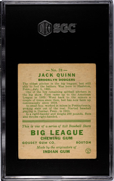 1933 Goudey Big League Chewing Gum Jack Quinn #78 SGC 1 back of card