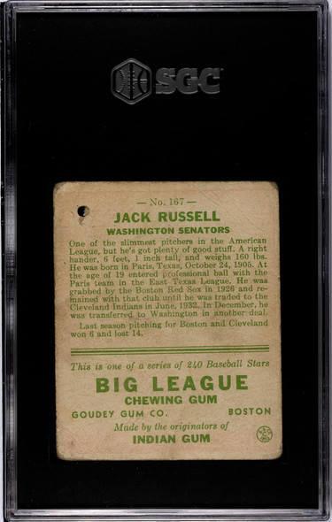 1933 Goudey Big League Chewing Gum Jack Russell #167 SGC 1 back of card