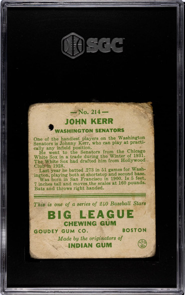 1933 Goudey Big League Chewing Gum John Kerr #214 SGC 1 back of card