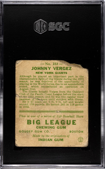 1933 Goudey Big League Chewing Gum Johnny Vergez #233 SGC 1 back of card