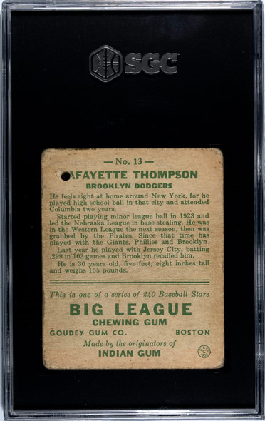 1933 Goudey Big League Chewing Gum Lafayette Thompson #13 SGC 1 back of card