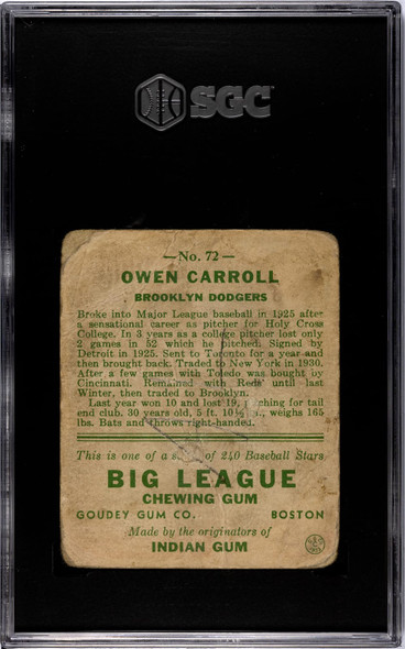 1933 Goudey Big League Chewing Gum Owen Carroll #72 SGC 1 back of card
