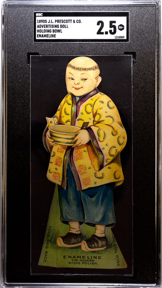 1890 J.L. Prescott & Co. Advertising Doll Holding Bowl Modern Stove Polish Enameline SGC 2.5 front of card