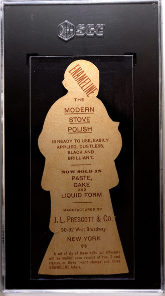1890 J.L. Prescott & Co. Advertising Doll Holding Bowl Modern Stove Polish Enameline SGC 1.5 back of card