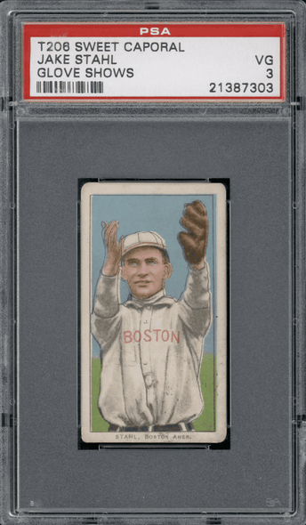 1910 T206 Jake Stahl Glove Shows Sweet Caporal 350 PSA 3 front of card