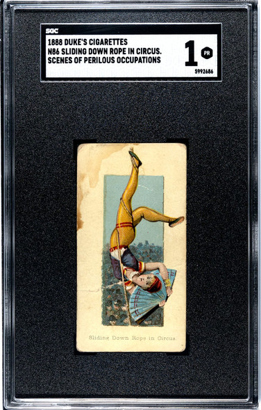 1888 N86 Duke's Cigarettes Sliding Down Rope Scenes of Perilous Occupations SGC 1 front of card