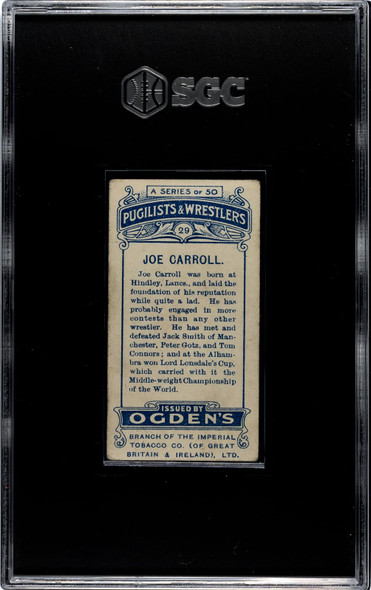 1908 Ogden's Cigarettes Joe Carroll #29 Pugilists & Wrestlers SGC 3 back of card