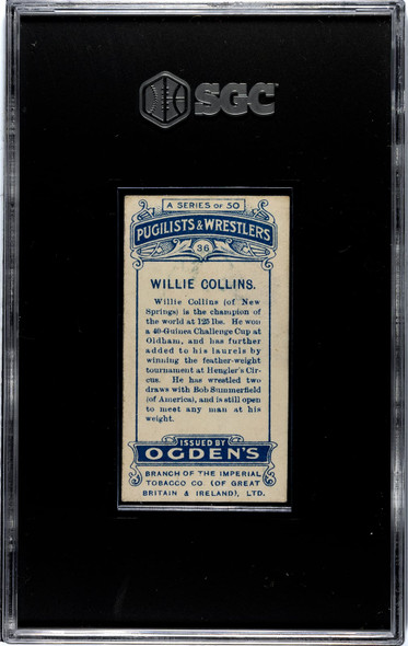 1908 Ogden's Cigarettes Willie Collins #36 Pugilists & Wrestlers SGC Authentic back of card