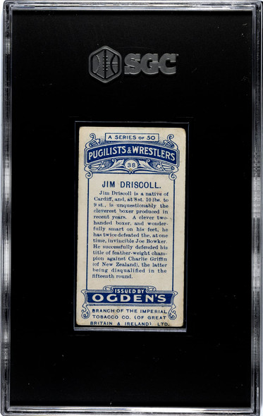 1908 Ogden's Cigarettes Jim Driscoll #38 Pugilists & Wrestlers SGC 3.5 back of card