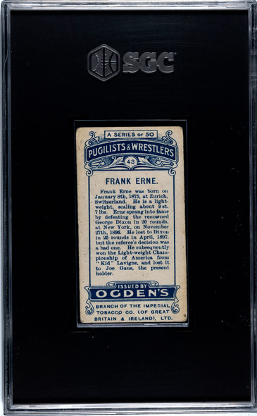 1908 Ogden's Cigarettes Frank Erne #43 Pugilists & Wrestlers SGC 3.5 back of card