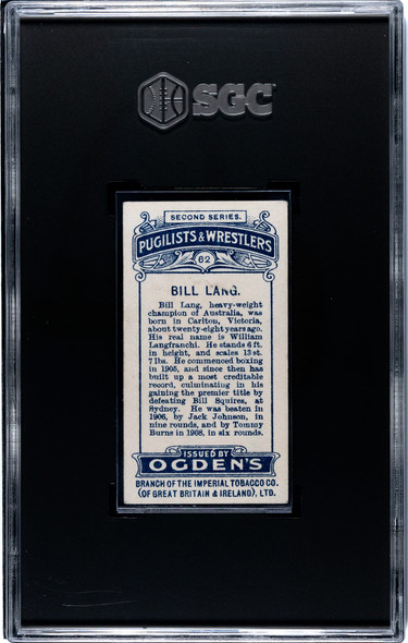 1909 Ogden's Cigarettes Bill Lang #62 Pugilists & Wrestlers SGC 1.5 back of card