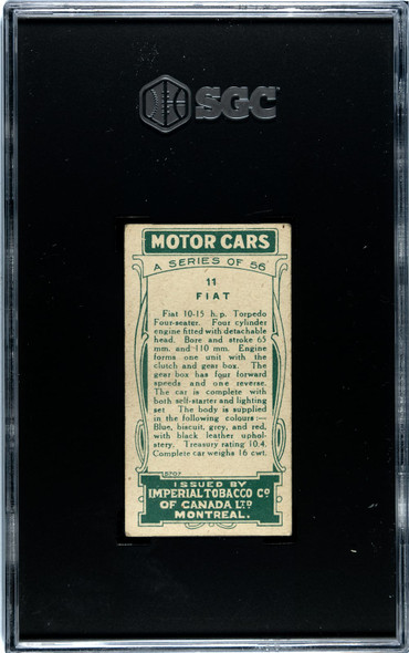 1921 Imperial Tobacco Co. Fiat #11 Motor Cars SGC 3.5 back of card