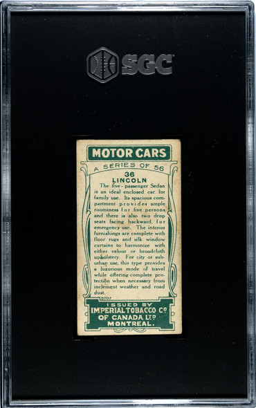 1921 Imperial Tobacco Co. Lincoln #36 Motor Cars SGC 3.5 back of card