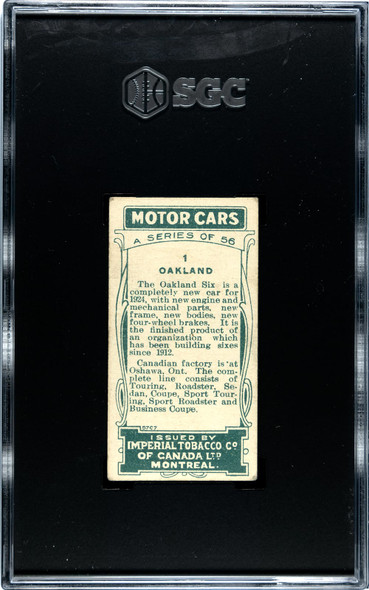 1921 Imperial Tobacco Co. Oakland #1 Motor Cars SGC 3 back of card
