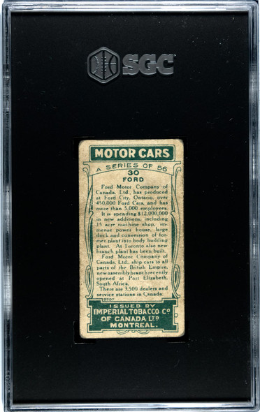 1921 Imperial Tobacco Co. Ford #30 Motor Cars SGC 2 back of card