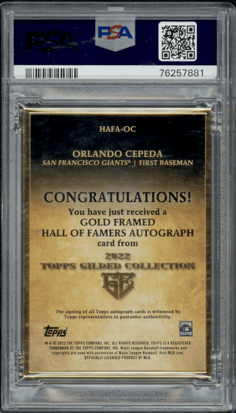 2022 Topps Gilded Collection Orlando Cepeda Onyx 9/10 #OC Gold Framed PSA 9 back of card