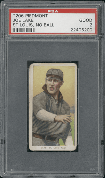 1910 T206 Joe Lake St. Louis, No Ball Piedmont 350 PSA 2 front of card