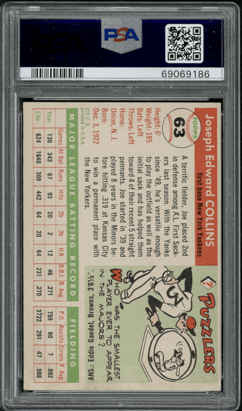 1955 Topps Joe Collins #63 PSA 5 back of card