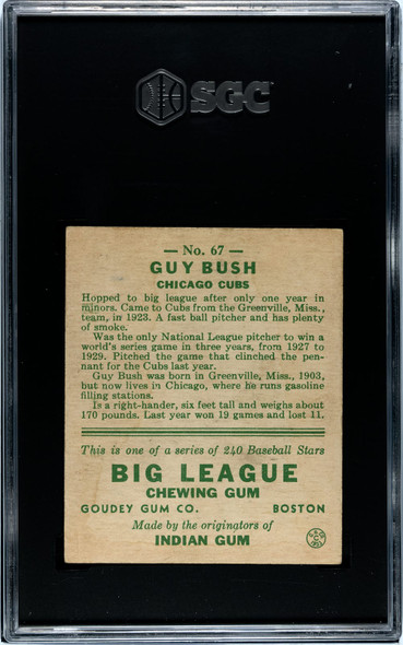 1933 Goudey Guy Bush #67 SGC 3 back of card