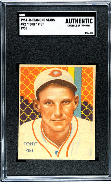 1934 Diamond Stars Tony Piet 1935 #72 SGC Authentic front of card