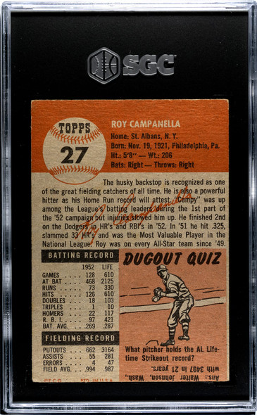 1953 Topps Roy Campanella #27 SGC Authentic back of card