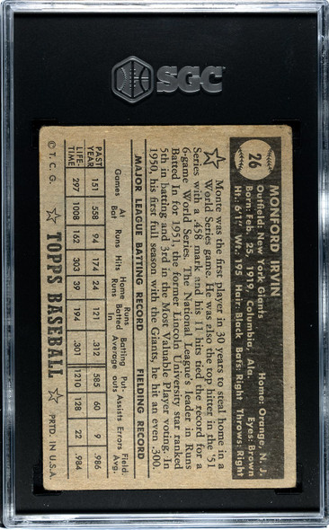 1952 Topps Monte Irvin #26 Black Back SGC 1  back of card