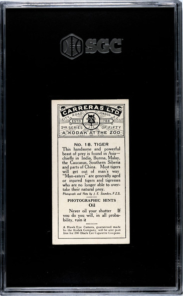 1924 Carreras Ltd. Prince Of Wales Tiger #18 A Kodak at the Zoo SGC 4 back of card