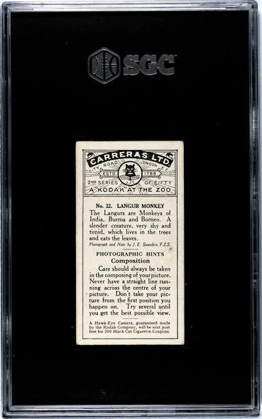 1924 Carreras Ltd. Langur Monkey #22 A Kodak at the Zoo SGC 3 back of card