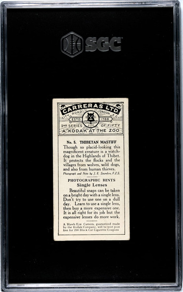 1924 Carreras Ltd. Thibetan Mastiff #5 A Kodak at the Zoo SGC 4 back of card
