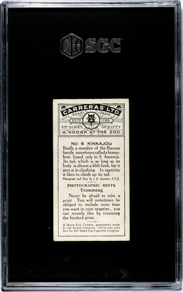 1924 Carreras Ltd. Kinkajou #6 A Kodak at the Zoo SGC 4.5 back of card