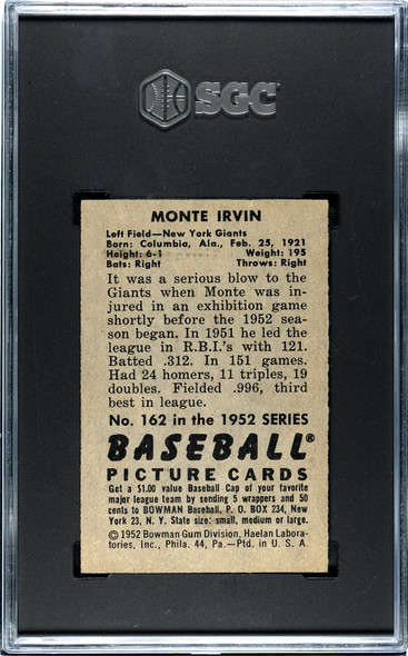 1952 Bowman Monte Irvin #162 SGC 3 back of card